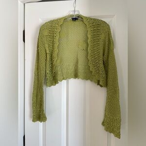 Magaschoni Open Front Knit Crochet Green Bolero Cardigan